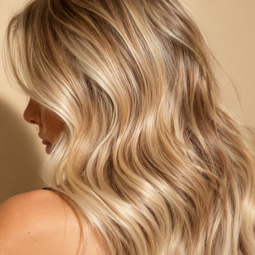 Close-up of creamy dimensional blonde hair color