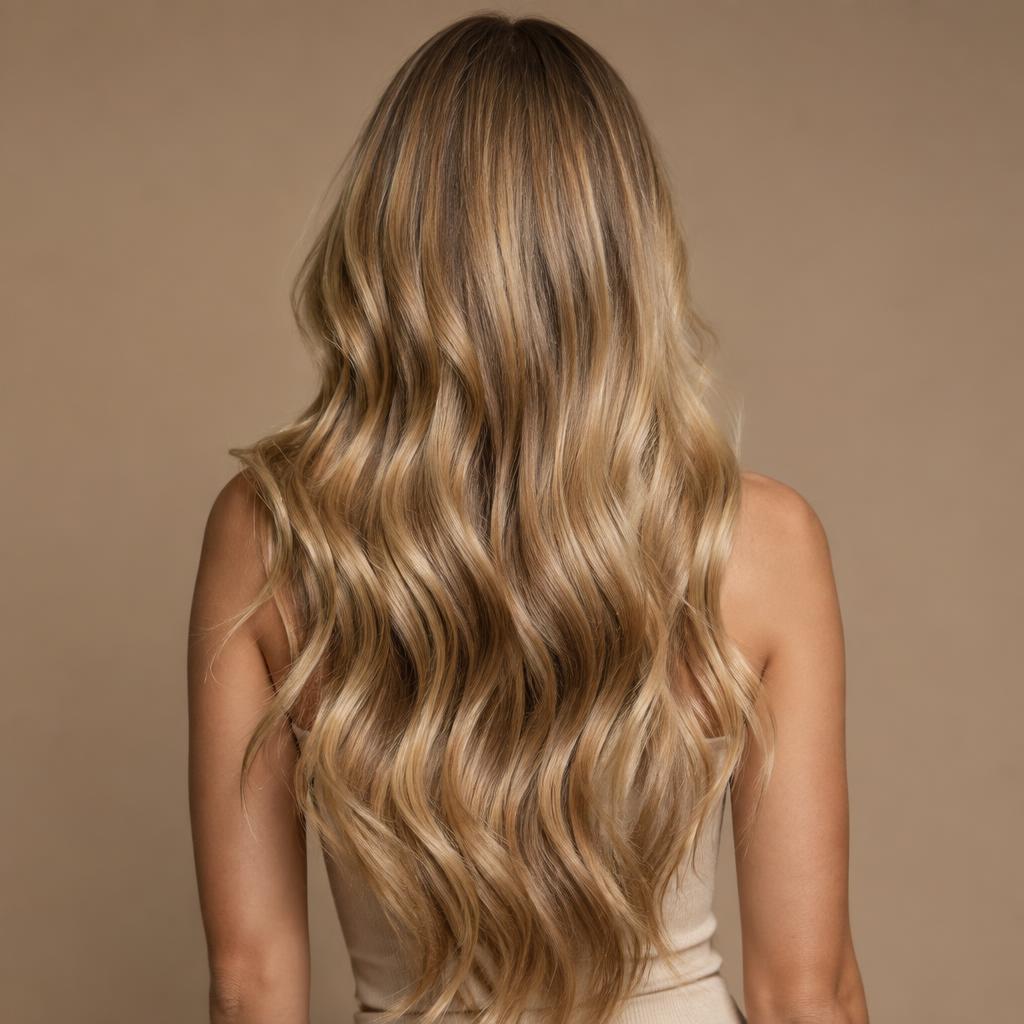 Long seamless hair extensions blended with natural hair